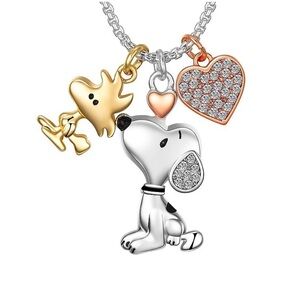 🆕 Peanuts Crystal Snoopy Woodstock Heart Charm Pendant Necklace Tri-Tone
